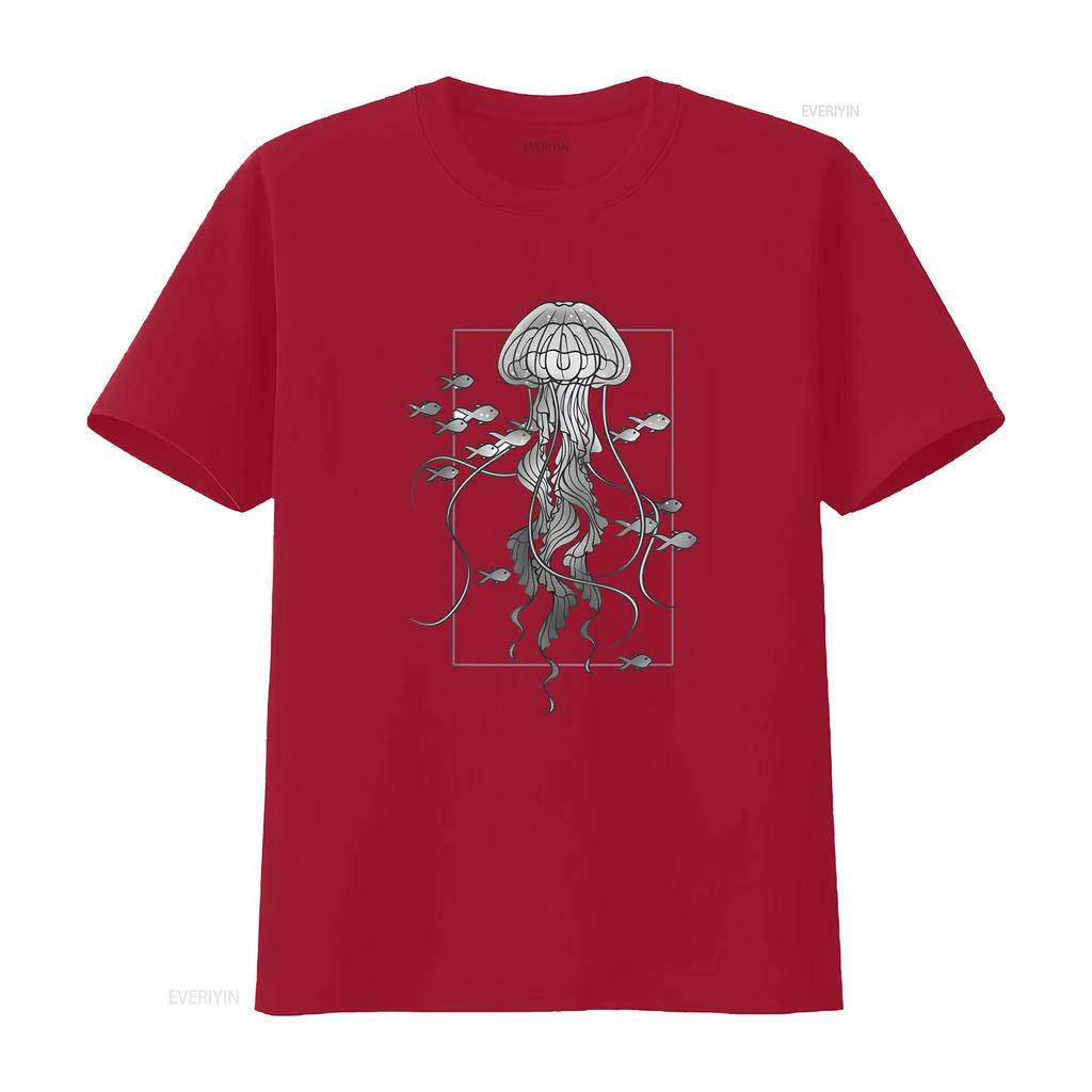 Jellyfish with Fishes In Sea T Shirt Vintage Washed Homme Slightly Streetwear Fashion Breathable Versatile Designer Clothes