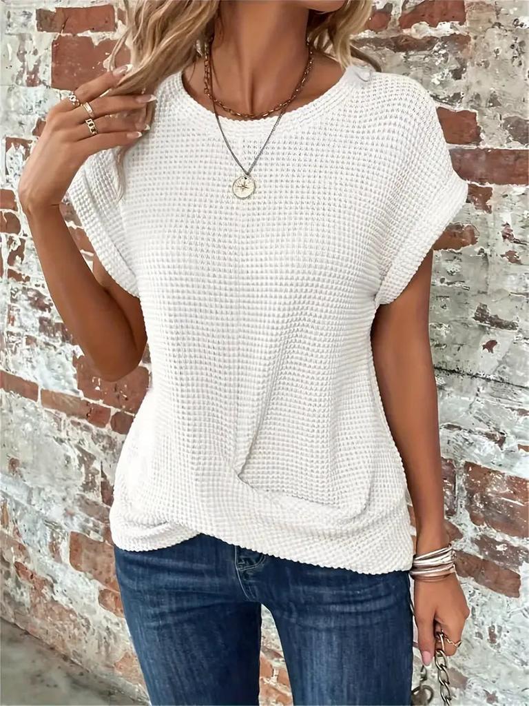 2026 Spring and Summer New Solid Color Round Neck T-shirt Elegant Short Twist Top Women's Clothing Amazon Cross-border Foreign Trade Short Sleeves