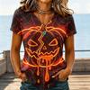Damen Casual V-Ausschnitt Halloween Aufdruck T-Shirt für Party Kostüm