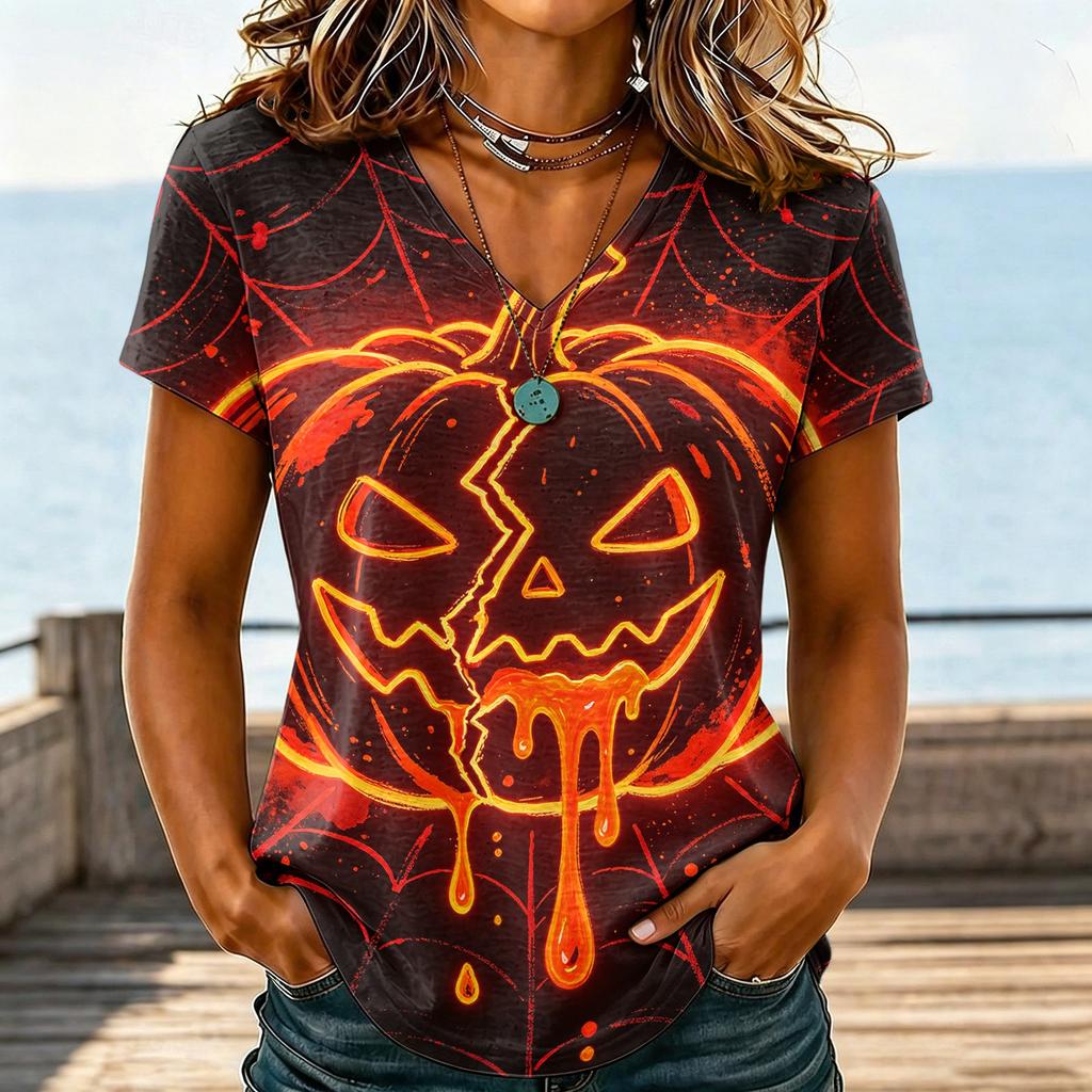 Damen Casual V-Ausschnitt Halloween Aufdruck T-Shirt für Party Kostüm