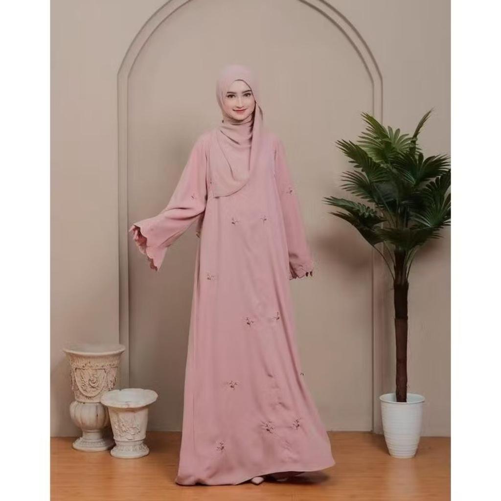 Women's Crew Neck Long Sleeve Maxi Dress Loose Fit Relaxed Waist Floral Embroidery Modest Abaya Dress