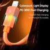 USAMS SJ776 U93 1.2m 30W Fast Charging Braided Cable Type-C to Lightning Data Cord with LED Light