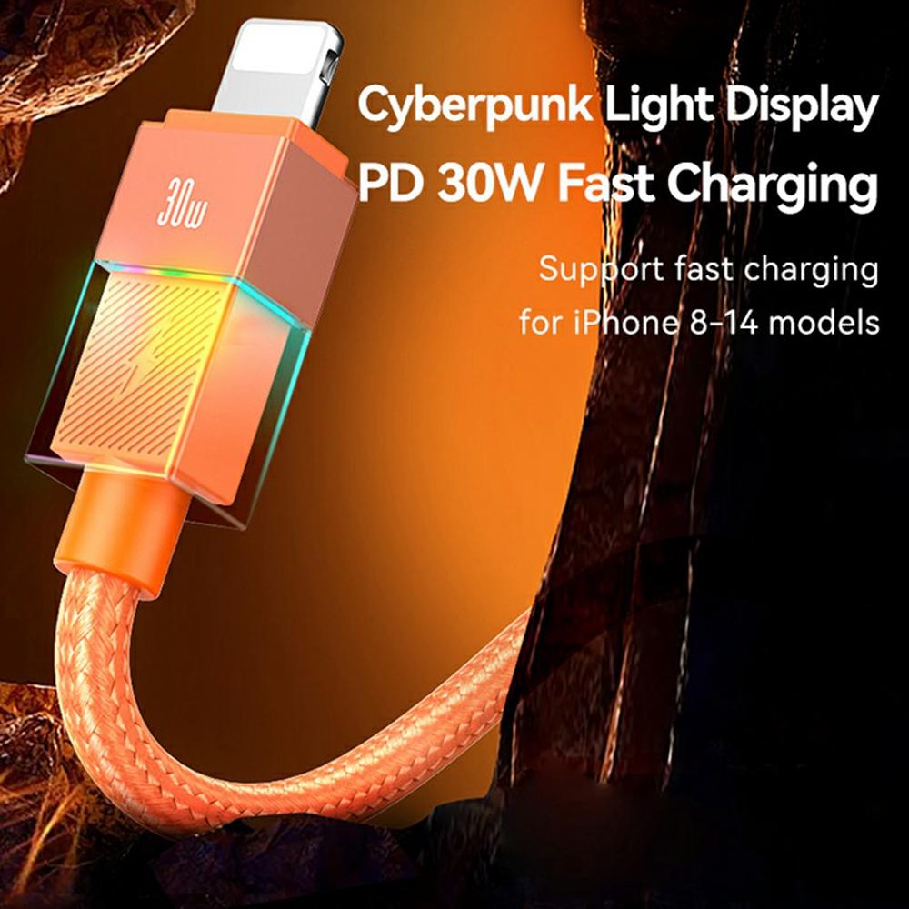 USAMS SJ776 U93 1.2m 30W Fast Charging Braided Cable Type-C to Lightning Data Cord with LED Light