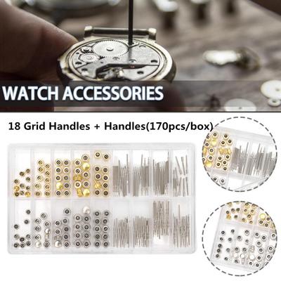 DL 170pcs Watch Repairing Replacement  Accessories Boxed Epoxy Handles 18 Grid Handles andHandles Copper Gold and Silver Handles Multiple Models