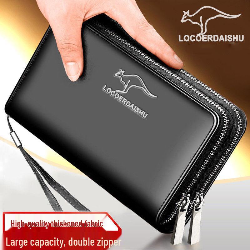 Men's Long Clutch Wallet with Multi-Card Slots, Phone Pocket, and Zippered Business Card Holder.