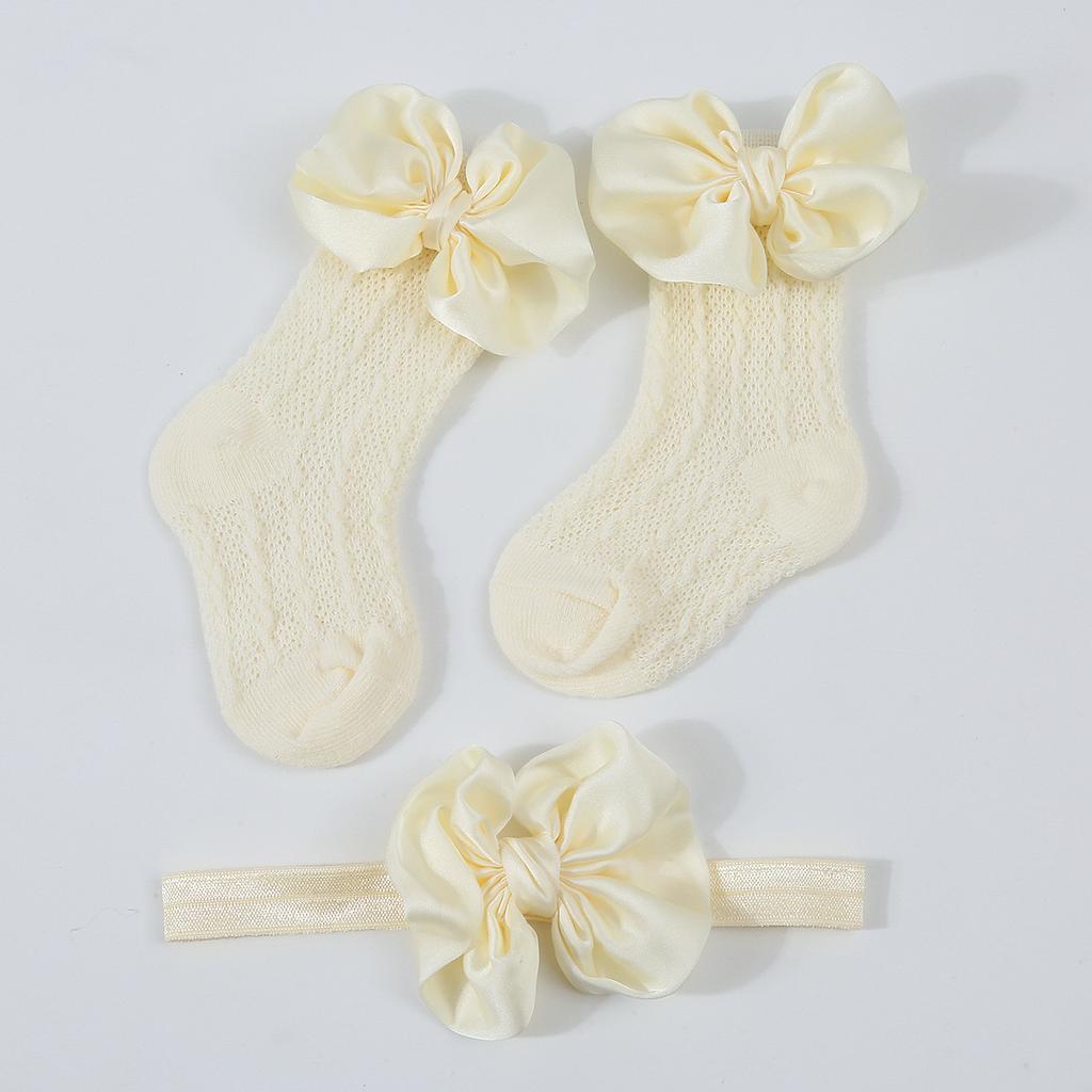 1Set Neugeborenen Big Bowknot Stirnbänder Aushöhlen Lange Socken Neue Baby Weiche Feste Prewalker Socke Mädchen Infant Gestrickte Haarband Socken
