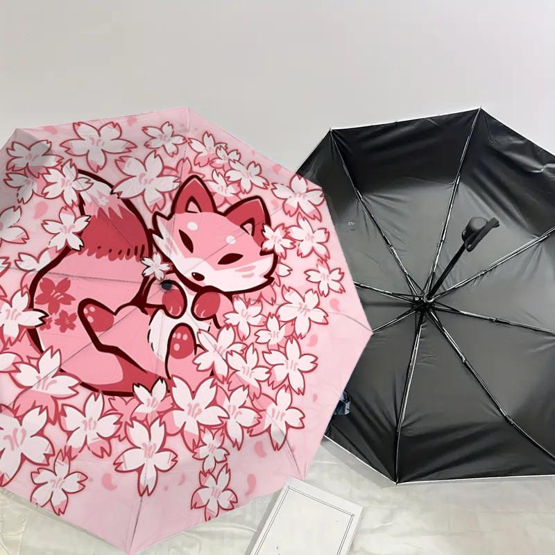 1pc Fox Cherry Blossoms Automatic Folding Umbrella 8 Rib Iron Frame,  Suitable for Travel, Daily Use, Birthday, Women & Men Gift c1231063