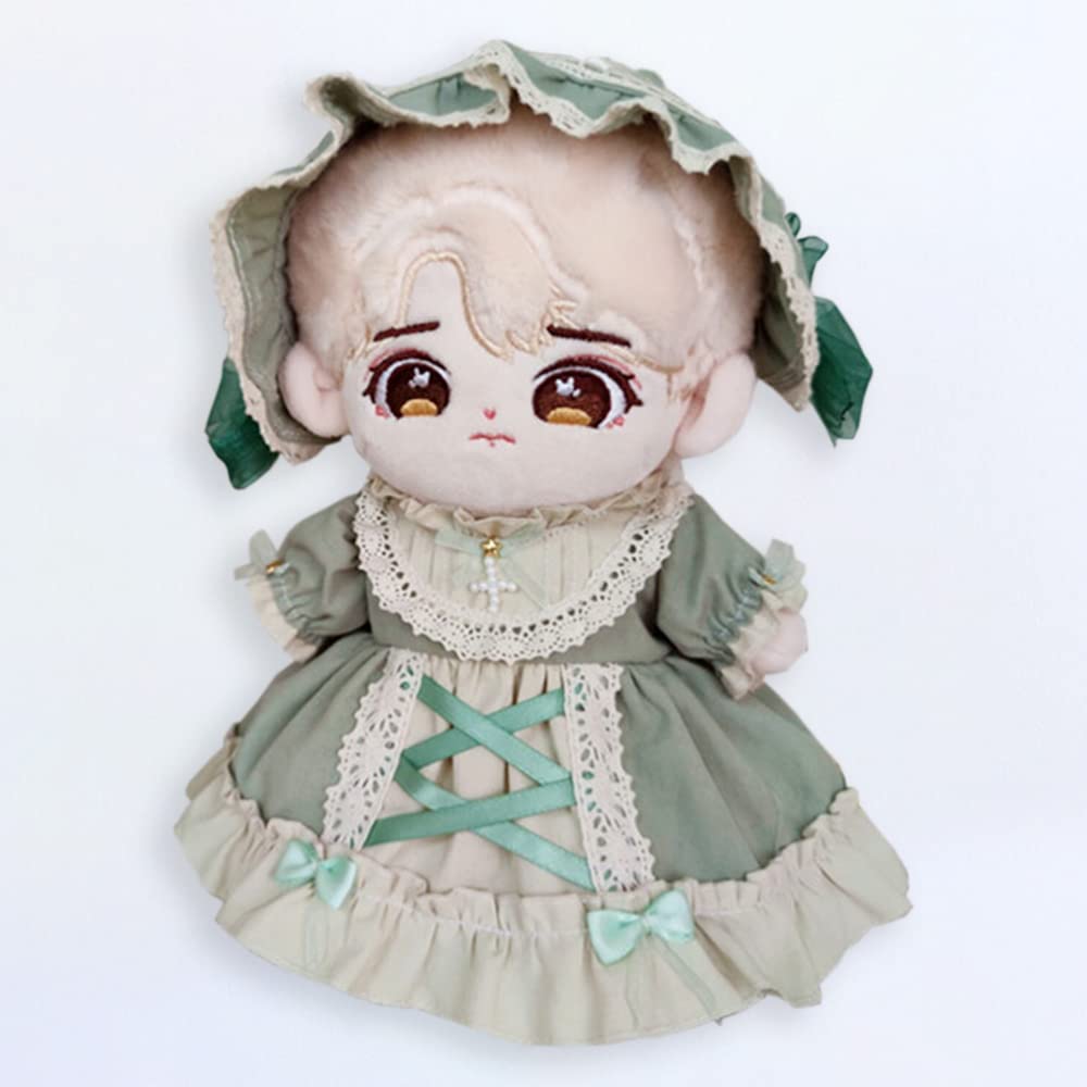 Niannyyhouse 20cm Plush Doll Clothes Set (Headband + Dress), Maid Outfit, Cotton Doll Clothes with Cross Letters, Baby Doll Clothes, Dress-Up (Green)
