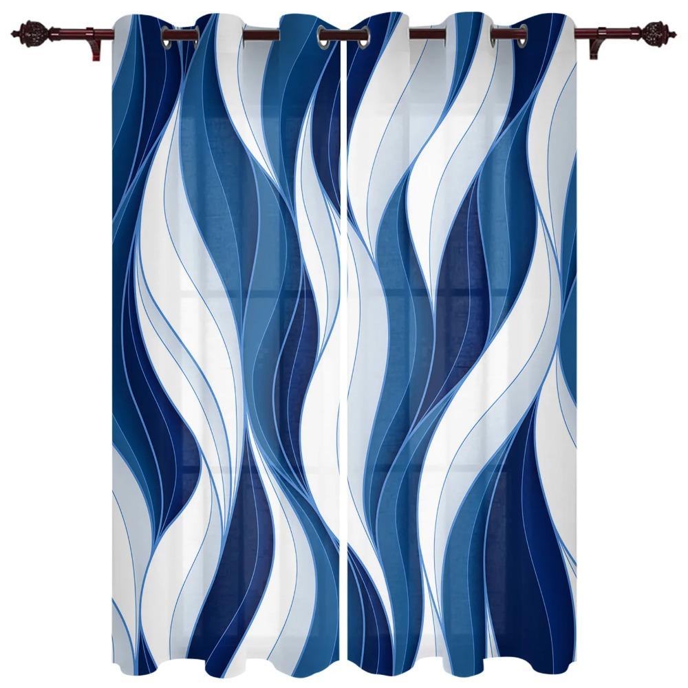Dark Blue Wavy Abstract Lines Curtains for Bedchamber Living Room Window Drapes Kitchen Area Kids Bedroom Window Curtain Current Home Decor
