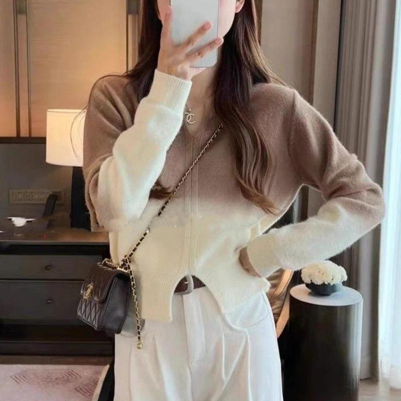 Spring New Design Sense Gradual Change of Color Pullover Sweater Women's Short Thin Sweet Knitted Sweater Top