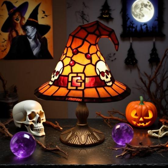 Witch Hat Lamp Stained Resin Gothic Wizard Hat LED Night Light Spooky Small Table Lamp for Indoor Bedroom Halloween Decor