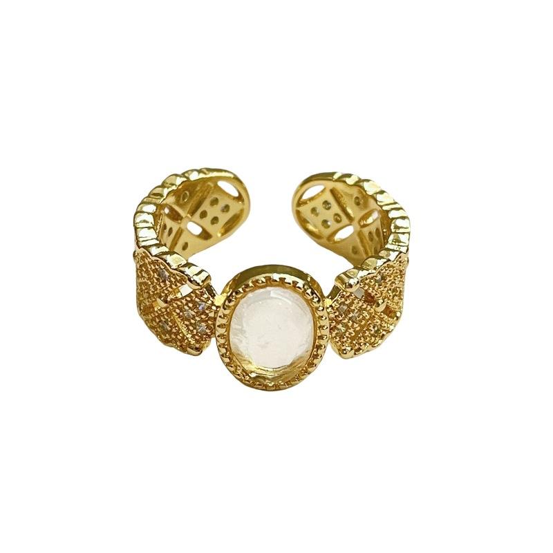 Medieval Retro Moonstone Imitation Opal Exquisite Open Ring Fashionable Zircon Light Luxury High-End Accessories
