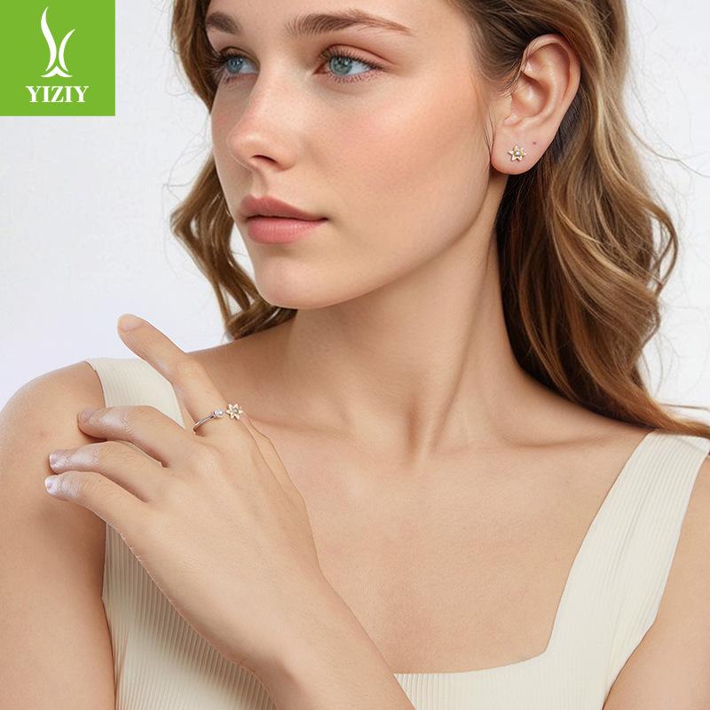S925 Sterling Silver Spring New Small Yellow Flower Open Ring Earrings Jewelry Set Fresh Women'S Niche Light Luxury