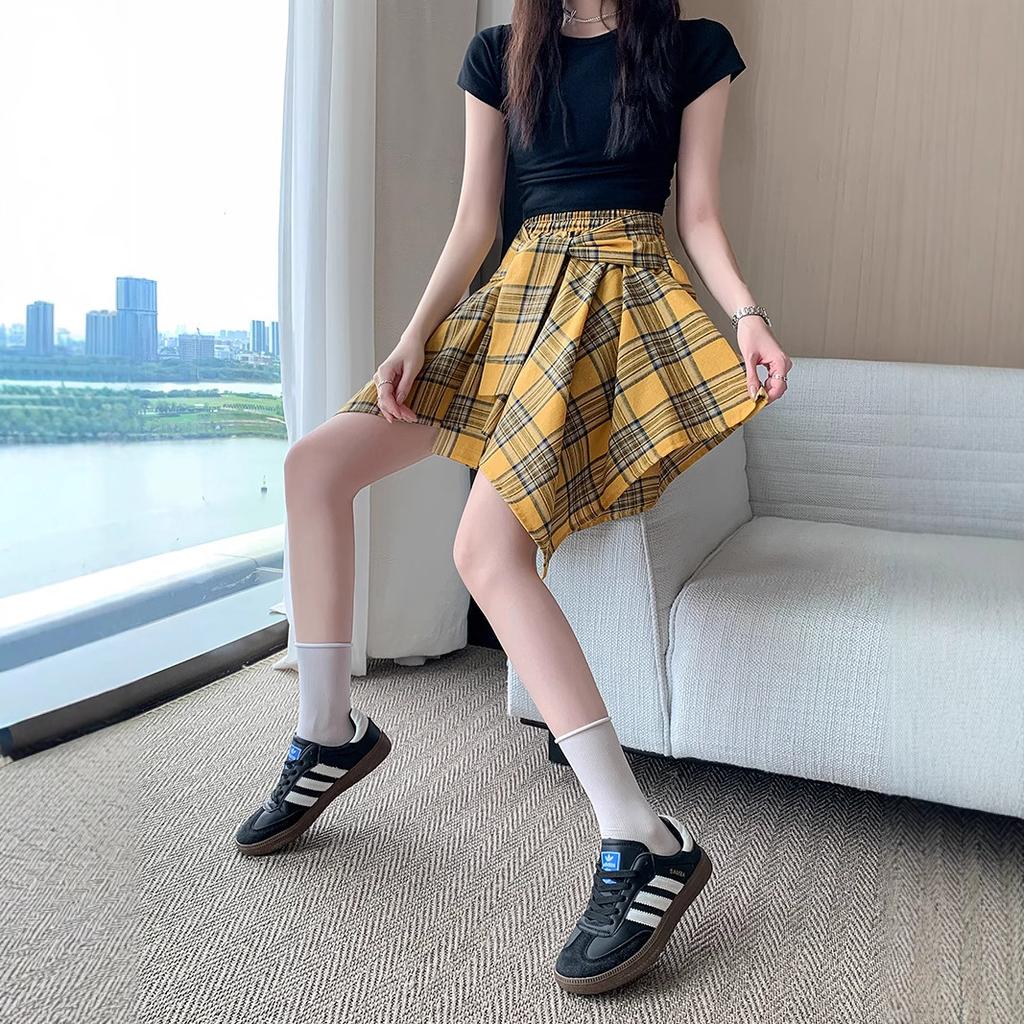 Blue Irregular Strap Skirt Women's Summer Design Sense Niche Plaid Skirt