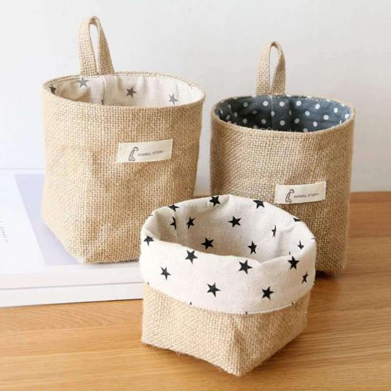 Cotton Linen Hanging Storage Bag Wall Mounted Storage Basket Small Folding Storage Bag with Handle for Keys Toys Cosmetics