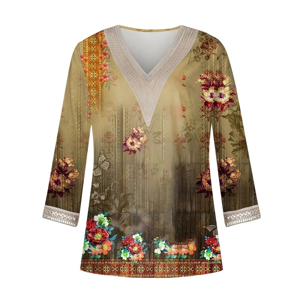 Women's Shirt Blouse Casual Loose Shirts 3/4 Sleeve Lace Trims Print V Neck Tops Print Tops T-shirts