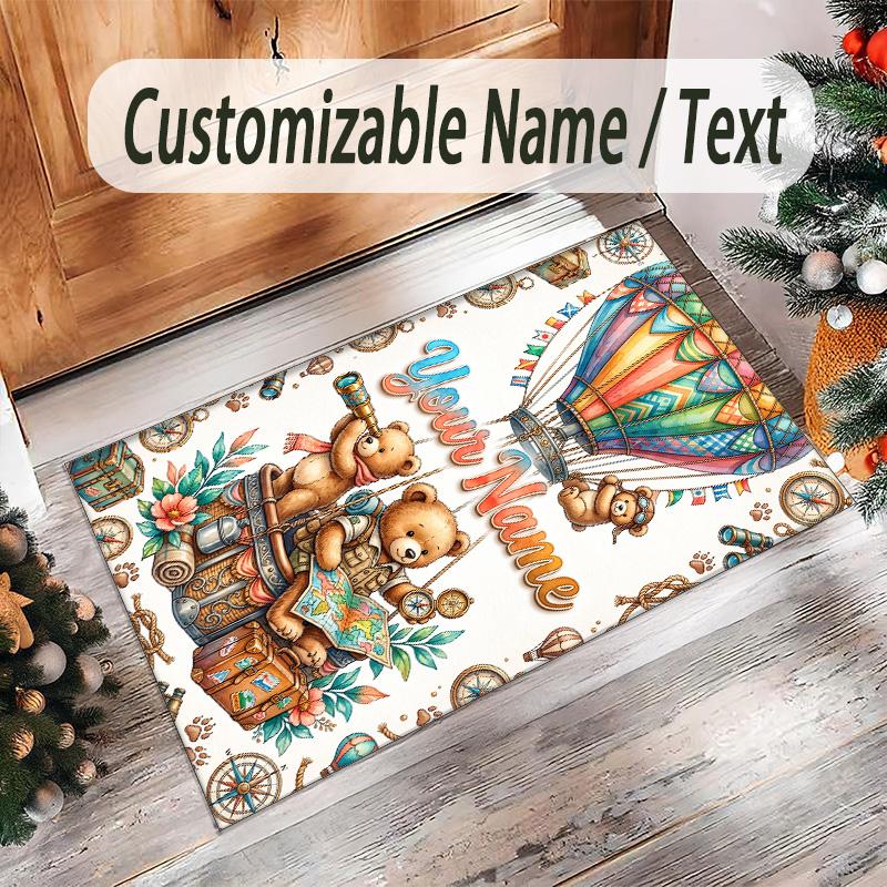 Teddy Bear Theme Crystal Velvet Rug Personalized Custom Name Text Soft Floor Mat Home Decor