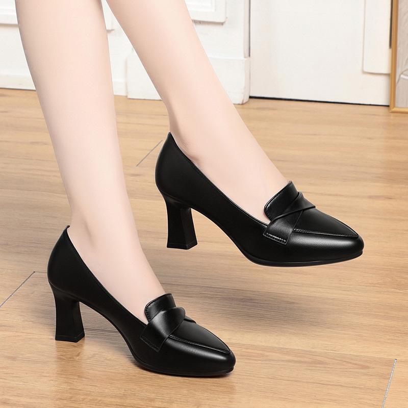 5.5cm 7cm Elegant Office Ladies Soft Leather Shoes Shallow Mouth Heeled Shoes Spring 2025 Trend Med Block Heels Shoes for Work