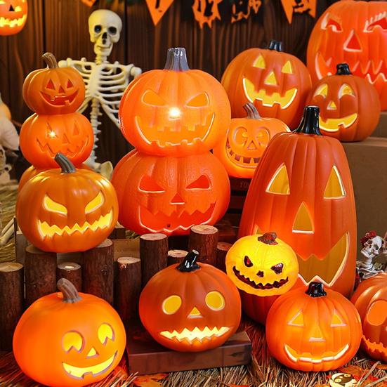 Halloween Pumpkin Light Spooky Carved Plastic Pumpkin Lantern Light-up Pumpkin Figurine for Outdoor Indoor Porch Room Decoration
