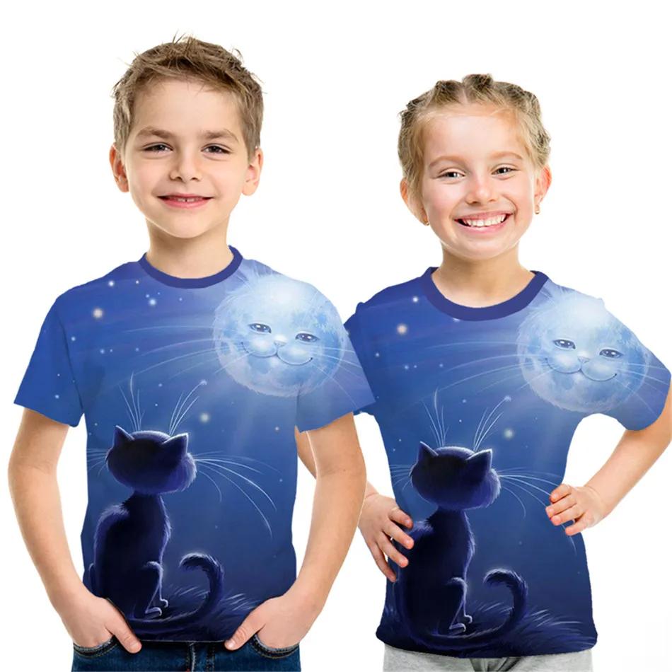Children's Clothing Boy Girl Short Sleeve Children Summer Clothes 3D Cat Print Lovely Black T-Shirt 2024 Kids Clothes Girl Tops