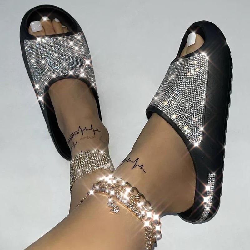 Womens Fashion Platform Rhinestone Decor Slide Sandals Outdoor Non Slip Beach Slippers