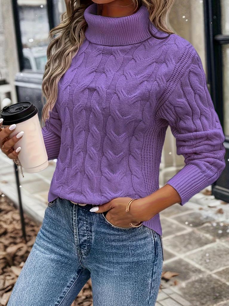 Suéter de Punto Trenzado de Cuello Alto de Color Sólido para Mujer - Colección Otoño/Invierno