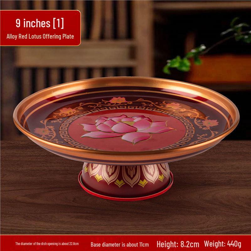 Fruit Offering Plate for Buddha, Deity Altar Plate with Alloy Lotus Flower, God of Wealth, Guanyin Bodhisattva.