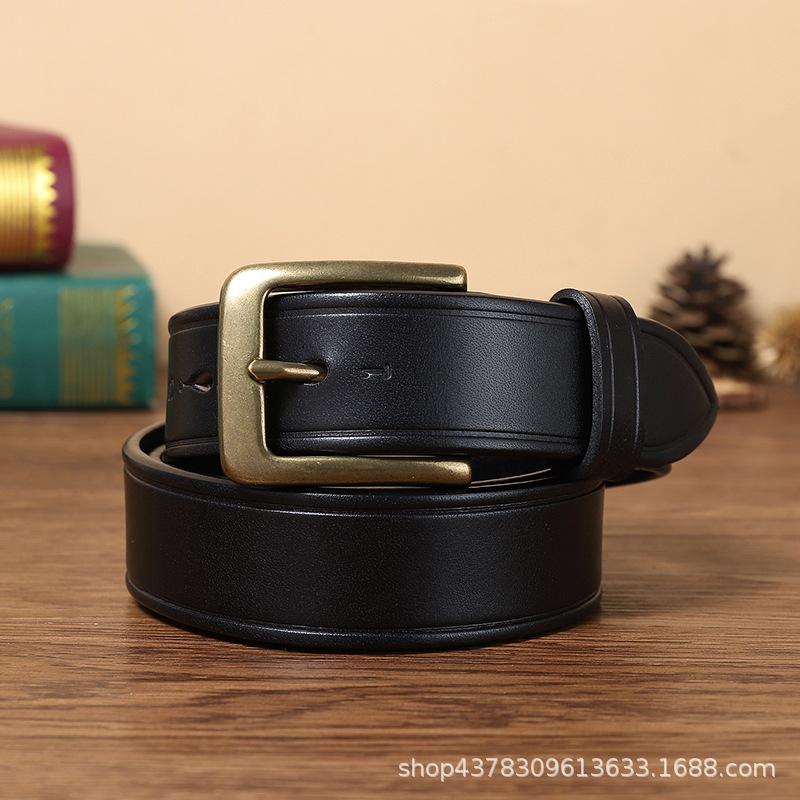 Belt Men's Retro Hand-Rub Color Distressed Pure Cowhide Leather Pin Buckle Fashion Trendy Korean Style Brass Buckle Belt