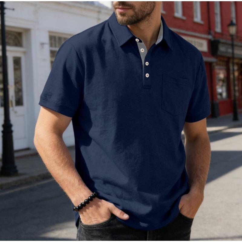 Men Solid Loose Short Sleeve Pocket Business Casual Turn Down Collar Polo Shirt