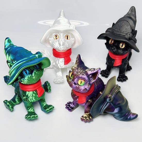 3D Printed Articulated Cat Wizard Hat Cat Ornament Wearing Red Scarf Big Eyes Cat Fidget Toy with Flexible Joints for Stress Relief Desktop Decoration