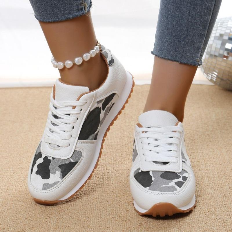 Leopard Print Casual Single Shoes Round Toe Platform Color-Block Low Top Sneakers