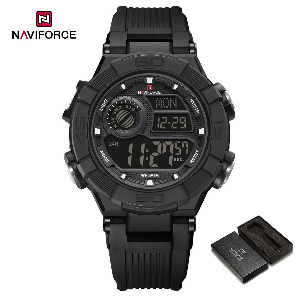 Naviforce Men LCD Watch Ditital Movement Lightweight Silicone Strap 50m Waterproof Calendar Date Alarm Night Pattern Boy Gift Watch NF7131