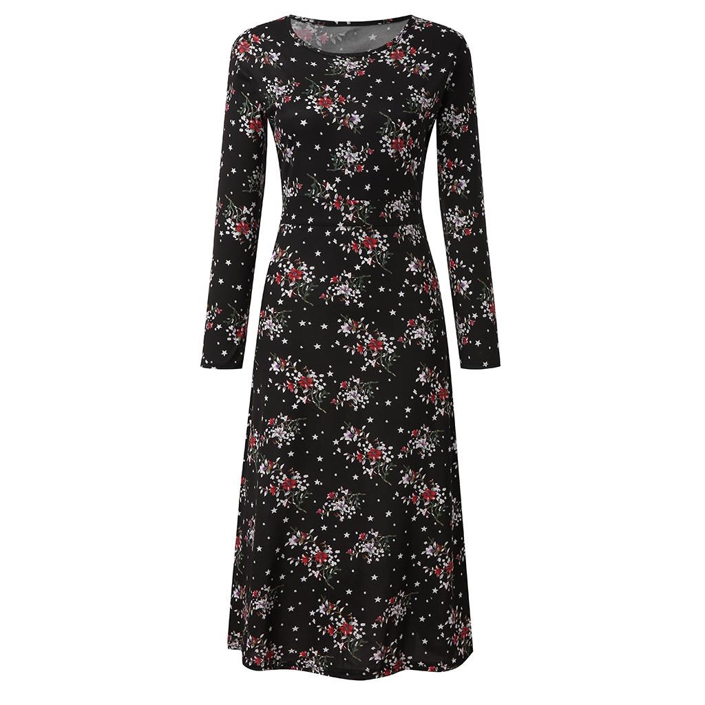 Women Floral Beach Dress Long Sleeve Casual Party Vintage Boho Dress