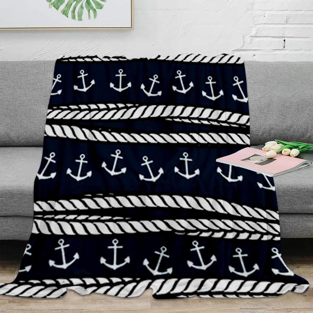 Nautical Blue Anchor Rudder Boat Fish Lighthouse Flannel Blanket Travel Picnic Blanket Portable Soft Bedspread Blankets for Beds