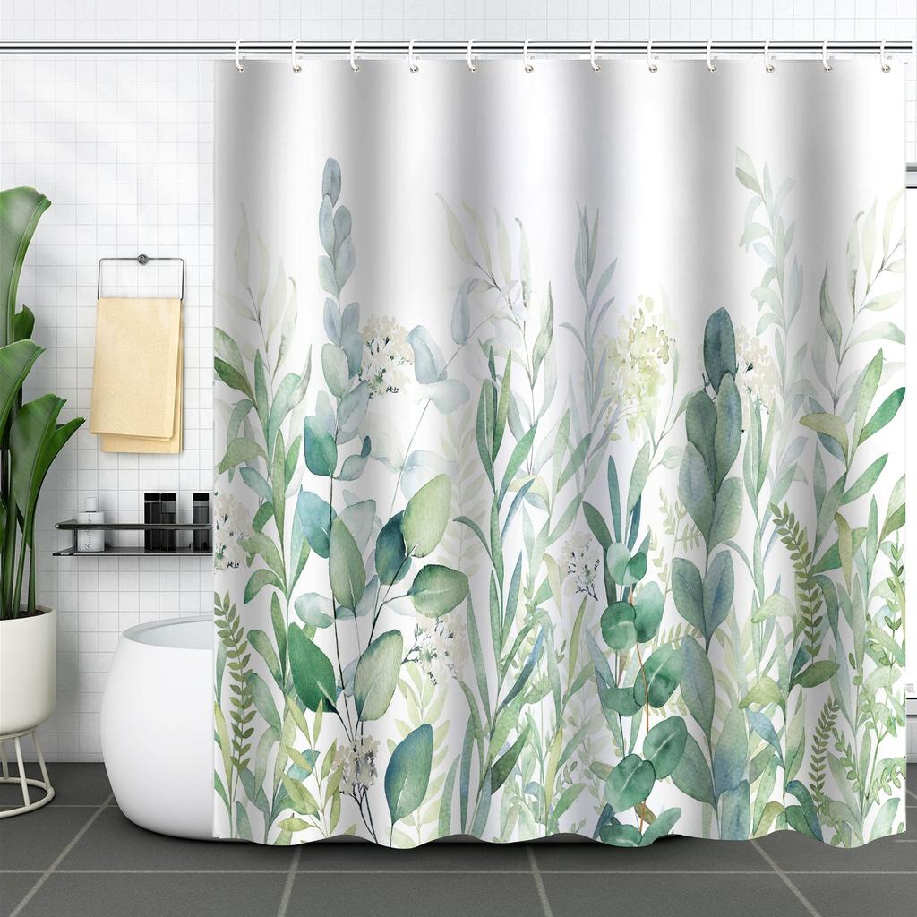 Green Plant Waterproof and Mildew-proof Polyester Bathroom Shower Curtain Shower Curtain Partition Curtain Free of Punching