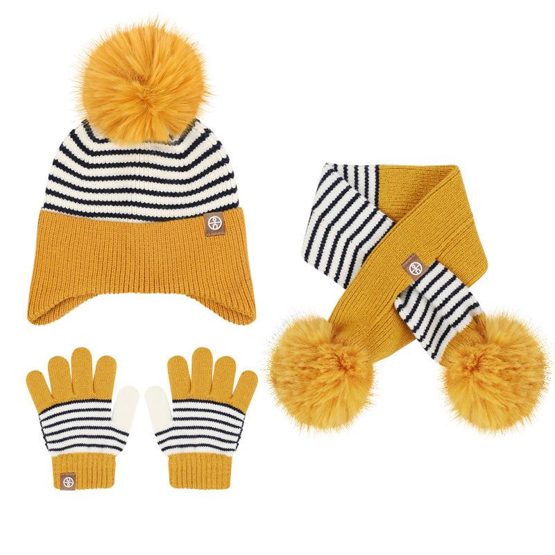 3-piece Set of Children's Hats, Scarves, Gloves, Striped Autumn and Winter Warm Wool Ball Knitted Ear Protection Hats