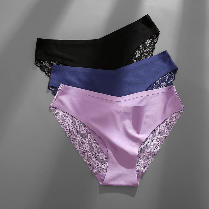 3PCS/SET Bezešvé kalhotky pro ženy Krajkové kalhotky Bez stop a prodyšné spodní prádlo s nízkým pasem, jednobarevné spodní prádlo