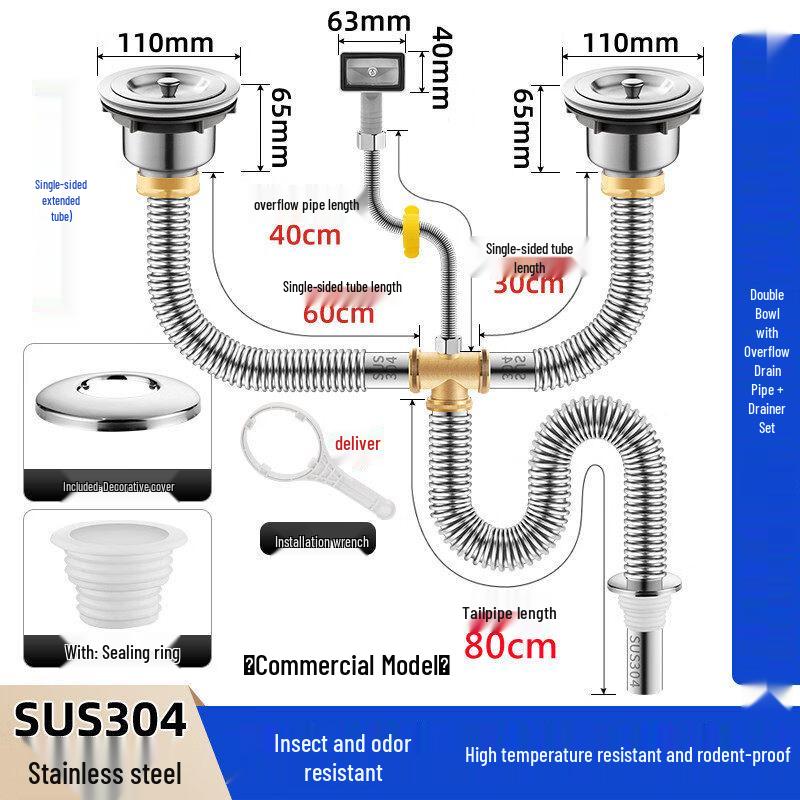Двойная раковина TLXT из нержавеющей стали для коммерческого использования, сливная труба с переливом