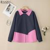 ZANZEA Damen Umlegekragen Langarm Patchwork Pullover Dünnes Sweatshirt