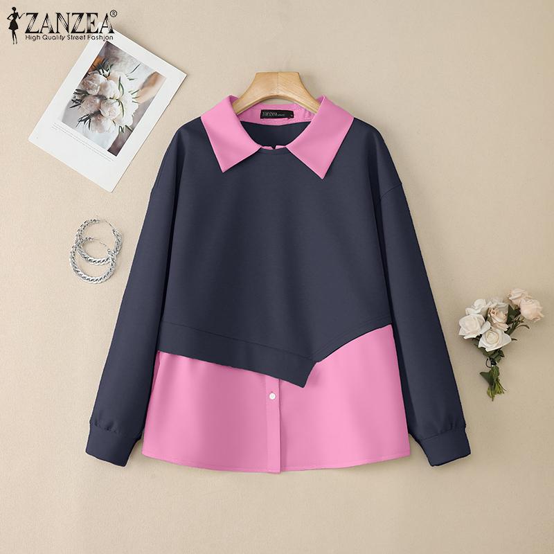 ZANZEA Damen Umlegekragen Langarm Patchwork Pullover Dünnes Sweatshirt