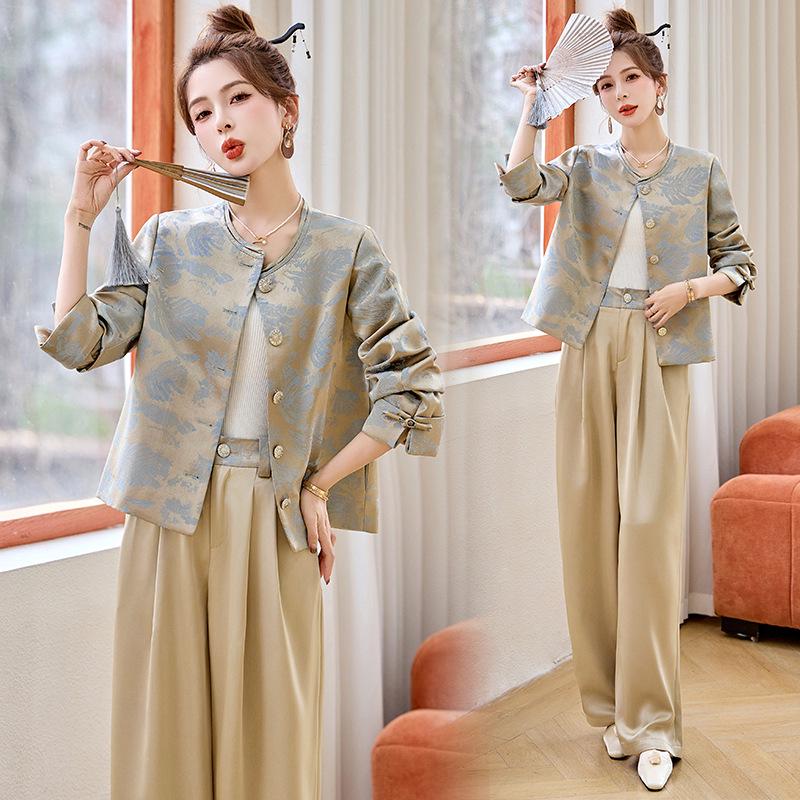 Spring 2026 Elegant High-Waisted Satin Two-Piece Suit for Women: New Chinese Style XXL