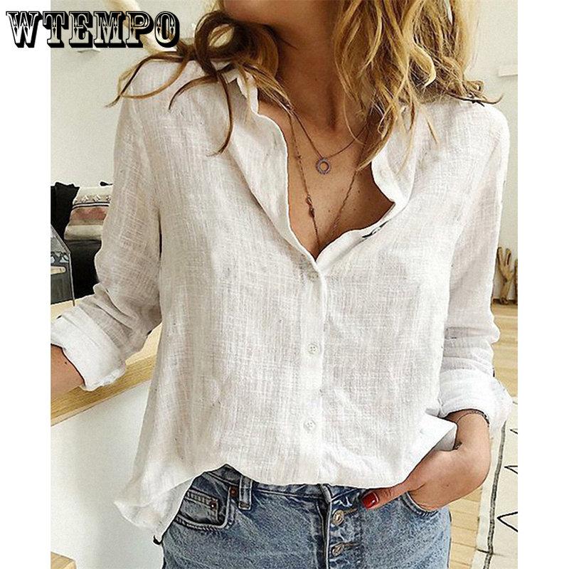 WTEMPO Office Ladies Solid Turn-down Collar T-Shirts Women Spring Long Sleeve Casual Loose Cheap Button Linen Shirts