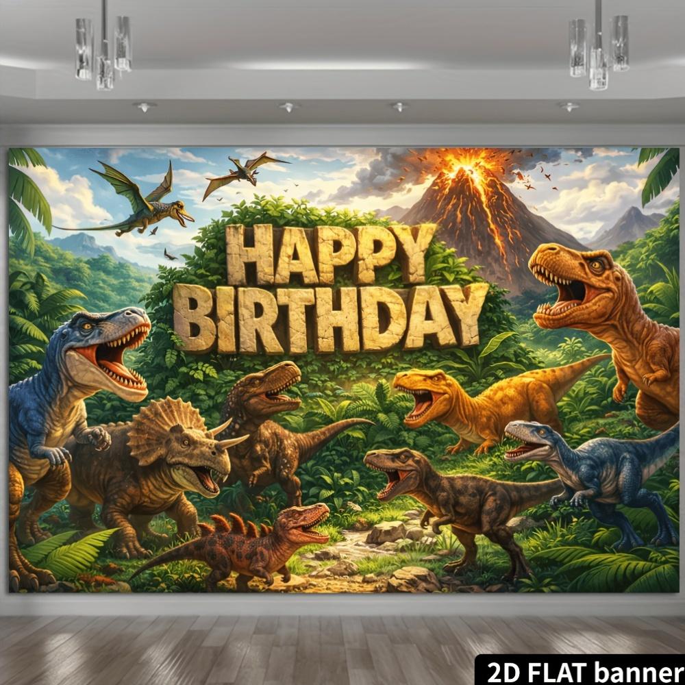2D Dinosaur Themed Birthday Party Banner Background Jurassic Jungle Volcano Scene
