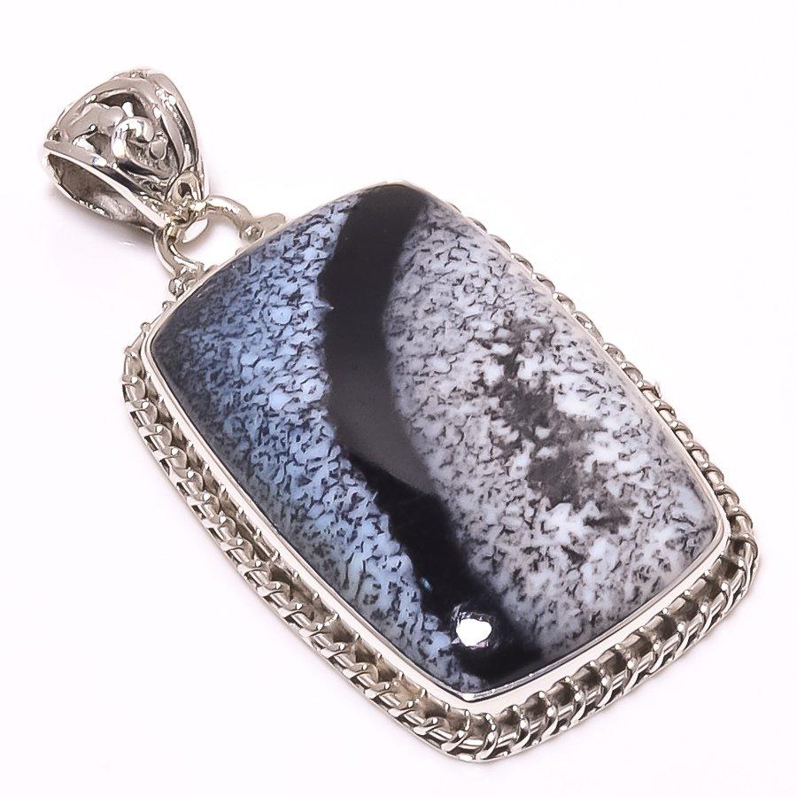 Natural Dendrite Opal Gemstone 925 Solid Sterling Silver Gift Pendant 1.77" y0g94