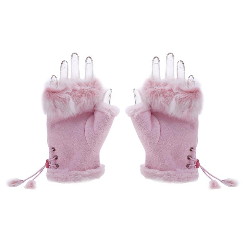 

Women s Winter Faux Rabbit Fur Gloves - Fashionable Fingerless Mittens With Faux Leather Wrist Warmers рожевий