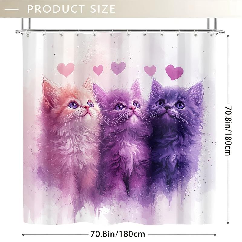 1PC Pastel Pink & Purple Cat Shower Curtain, Durable Polyester, Easy Clean, with Hooks, Ideal for Bathroom & Window Decor