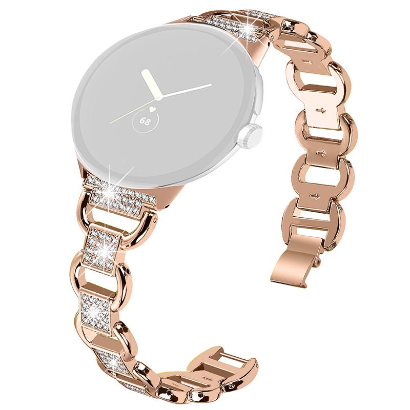 

For Google Pixel Watch 3 41mm/Watch 2/Pixel Watch Metal Bracelet Strap Rhinestone Decor Smartwatch Wrist Strap Replacement Rose Gold