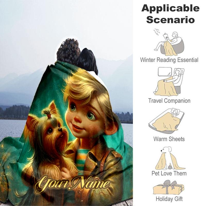 1PC Custom Name Boy Yorkshire Terrier flannel blanket versatile, all-season throw suitable for the living room, bedroom, camping, travel, and gift