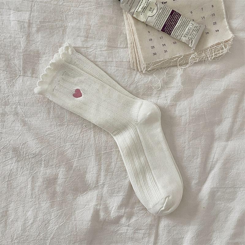 

Spring And Autumn Love Embroidery Lace Socks Mid-Tube Socks Trendy Double Needle Simple And Breathable Student Black And White Pile Socks one size fits all чистий білий колір