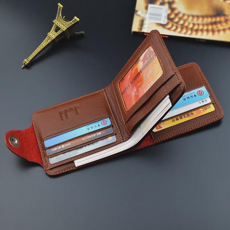 Men's Short Wallet with Magnetic Buckle, Multi-card Slots, Large Capacity, and Litchi Pattern - European & American Fashion.